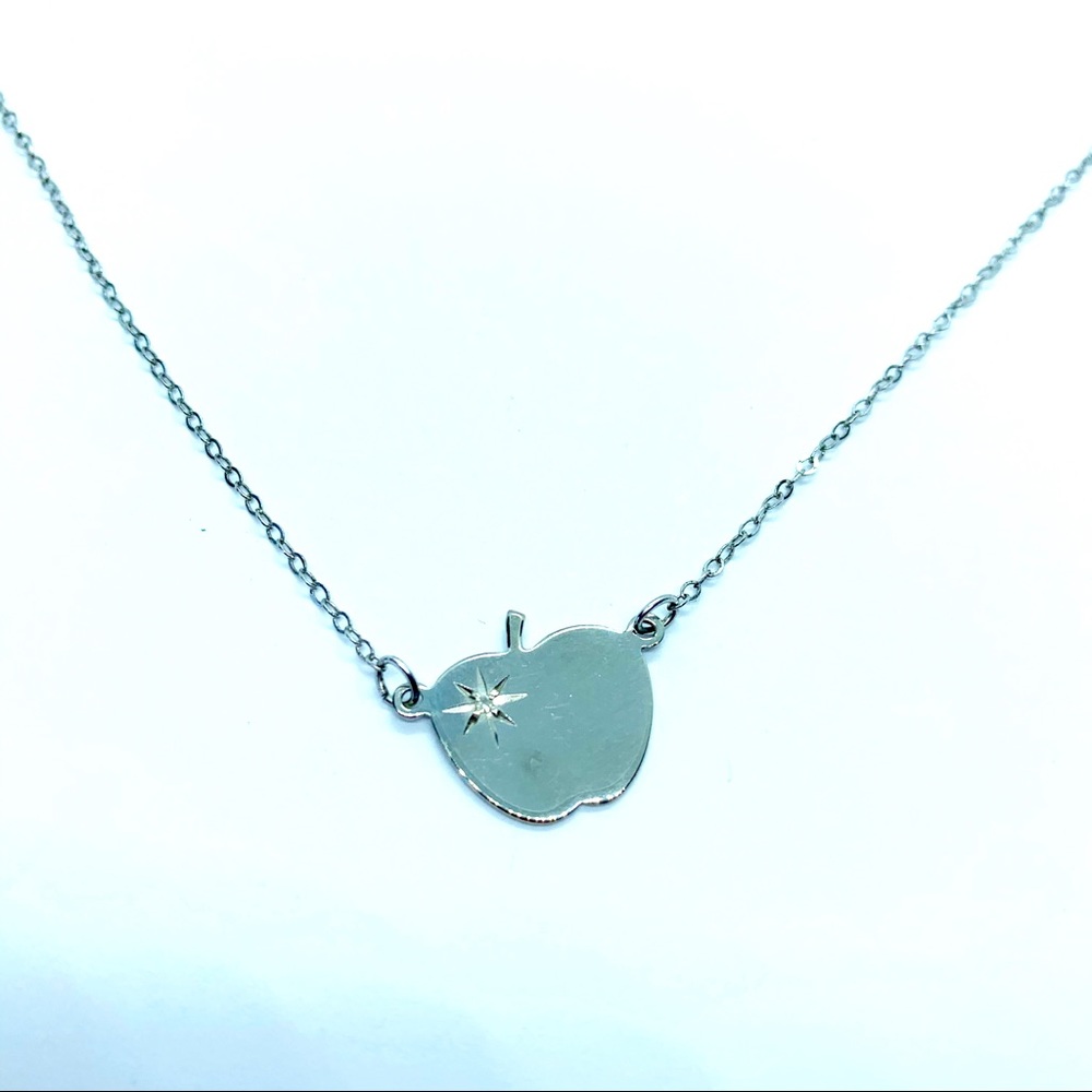 Sterling Silver Apple Pendant Dainty Chain Necklace Cz Crystal Teacher Gift